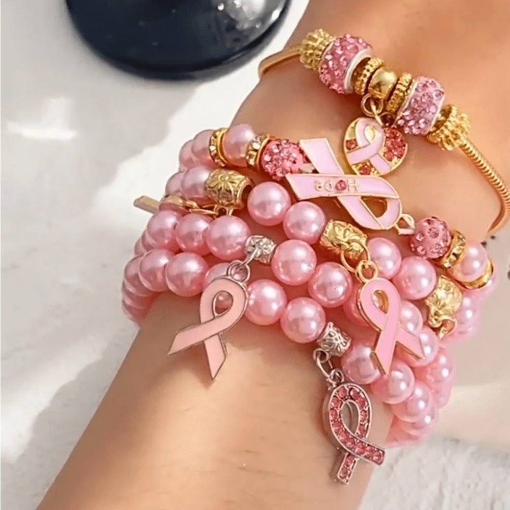 Pink and Gold Awareness Ribbon Bracelets